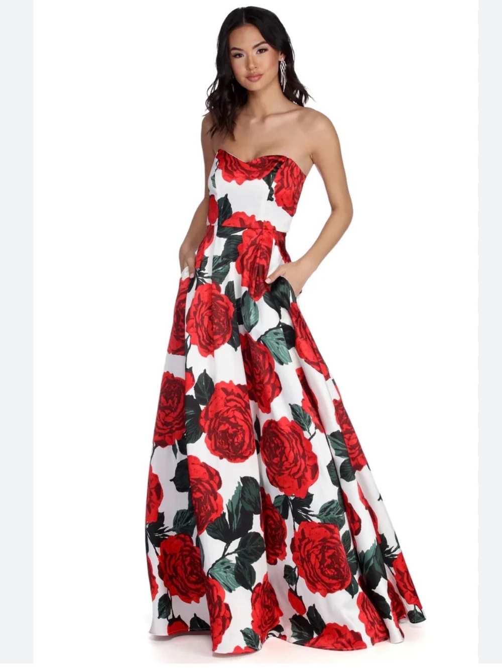 Windsor White Strapless Maxi Dress with Red Rose Print